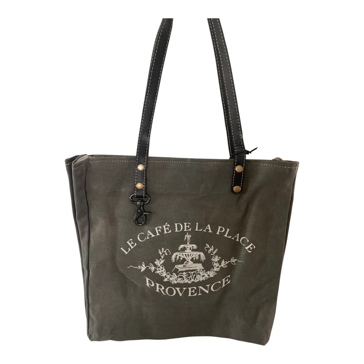 Dark green tote bag with 'Le Cafe de la Place Provence' text and logo on a white background