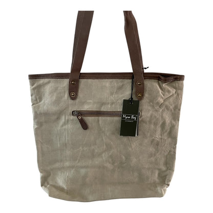 Brown tote bag with leather handles and a visible brand tag on a white background