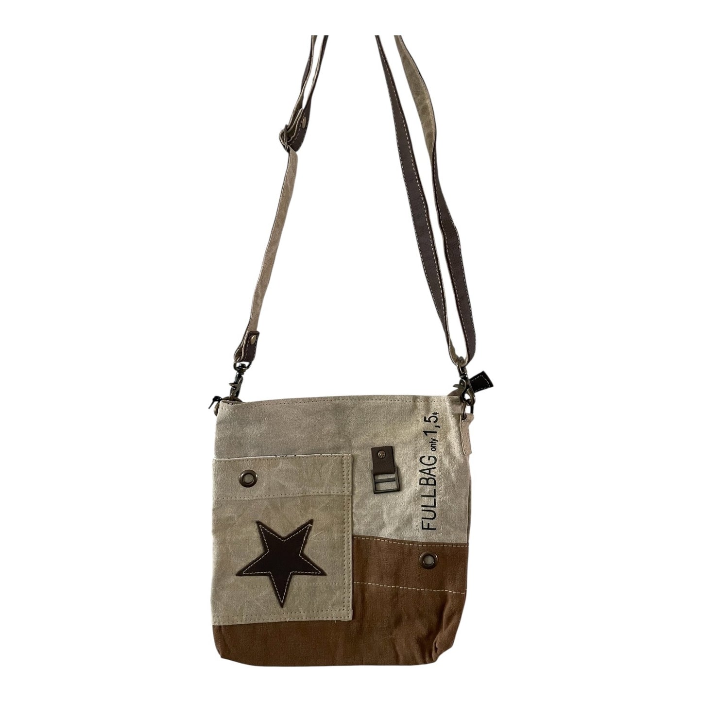 Canvas crossbody bag with star design and text on a white background