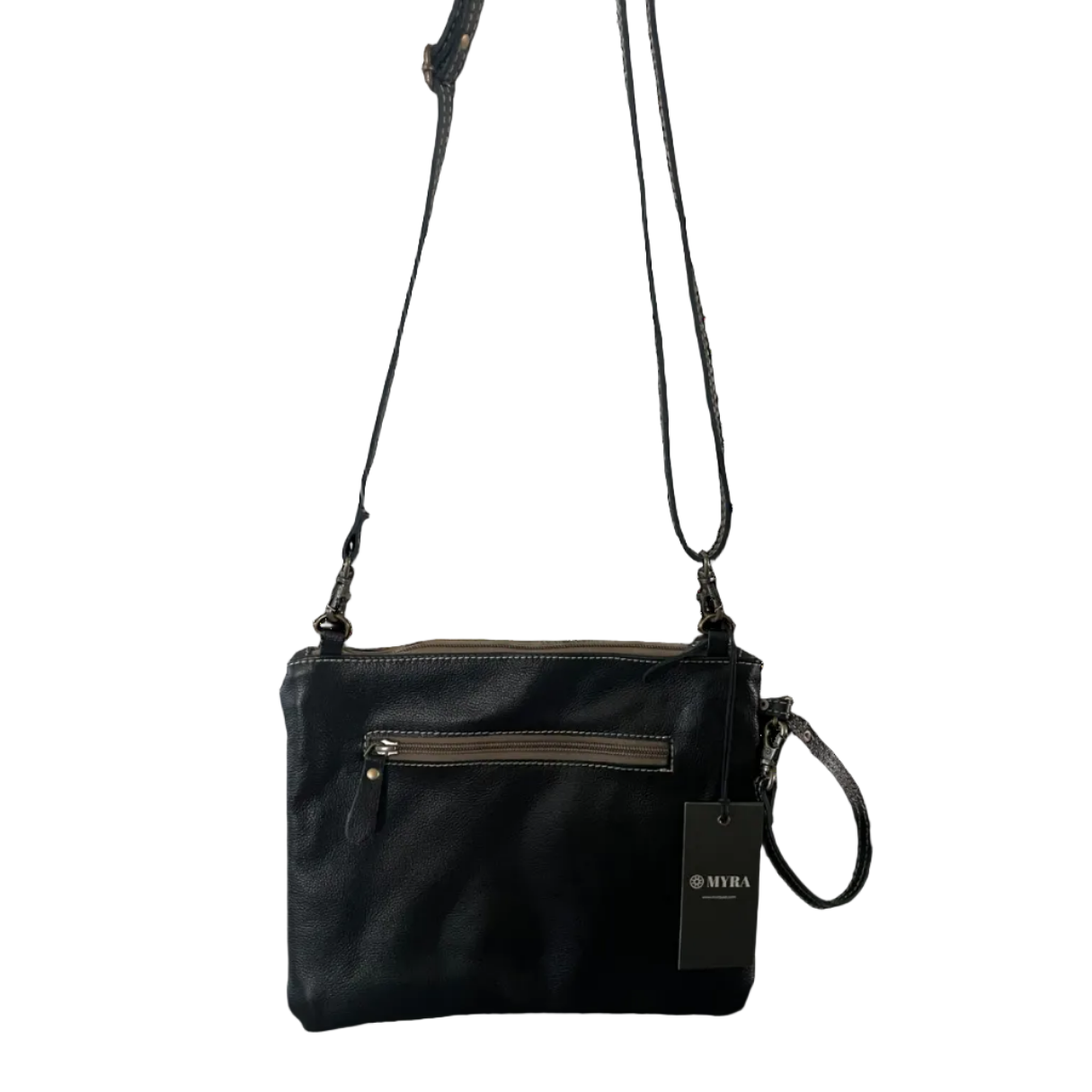 Black leather crossbody bag with a strap on a white background