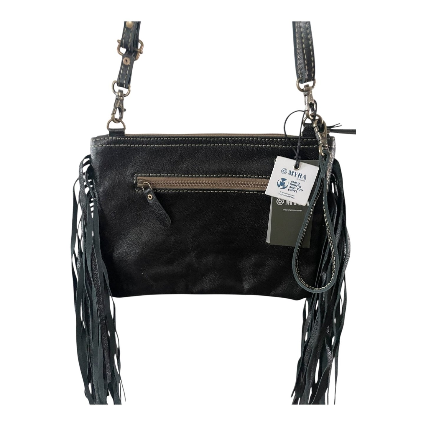 Black leather handbag with fringe details and a visible brand tag on a white background