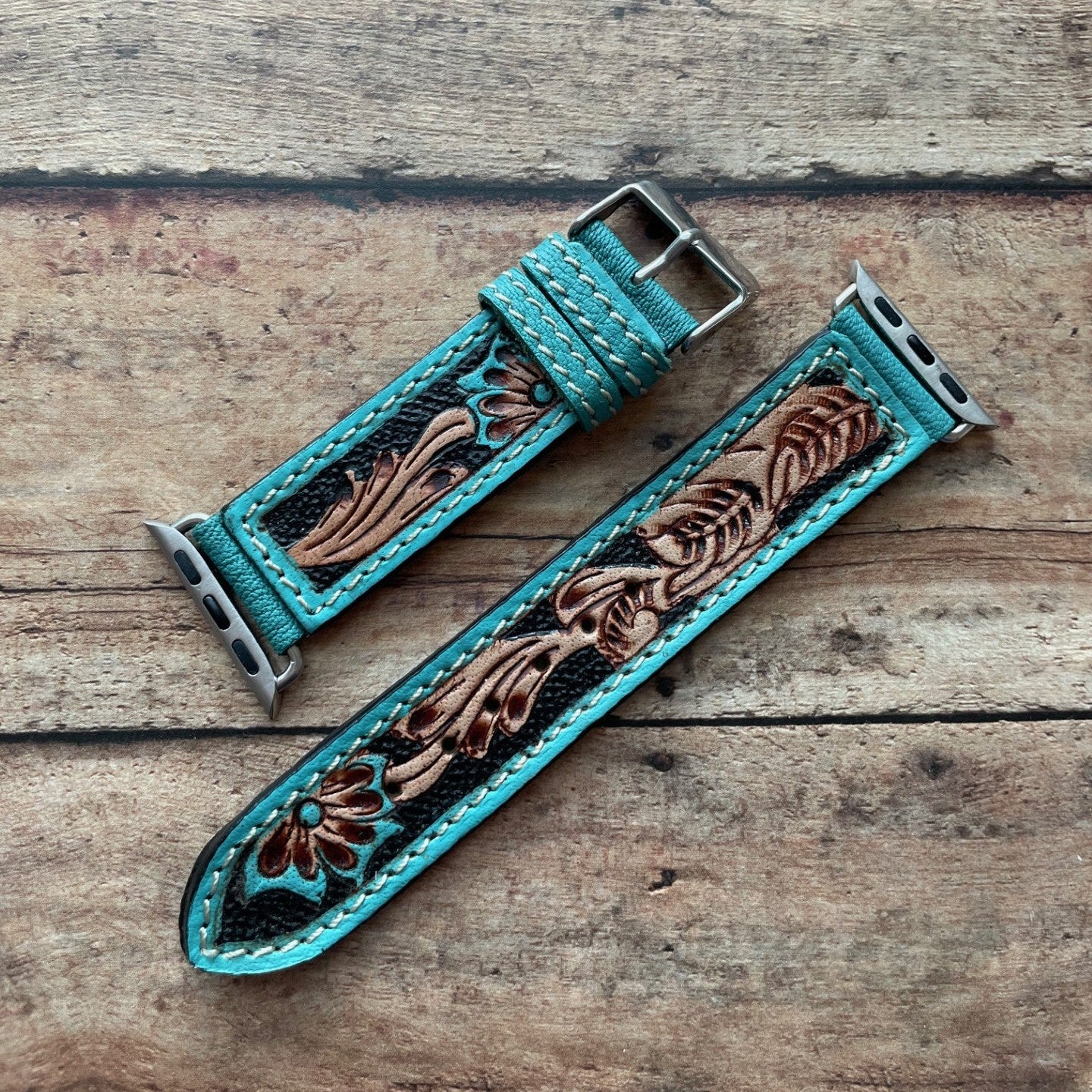 Apple Turquoise Tooled Leather Watchband Flora Falls