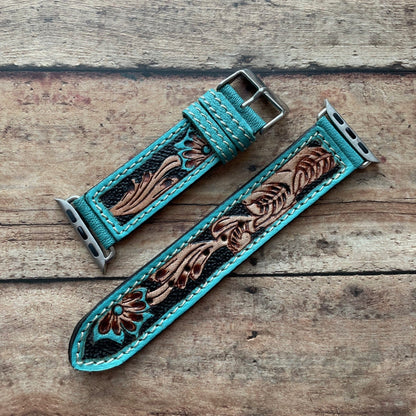 Apple Turquoise Tooled Leather Watchband Flora Falls