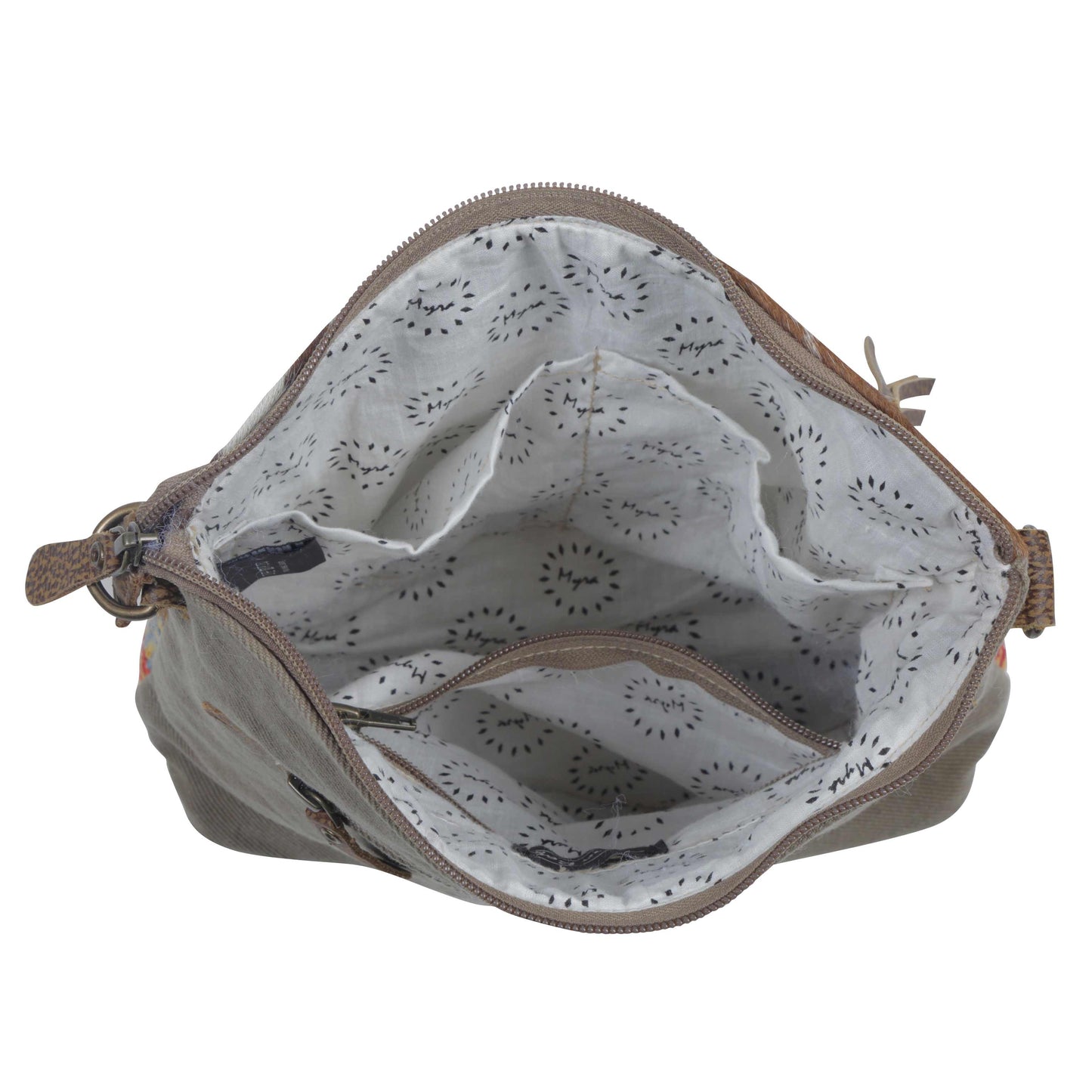 Open beige bag with patterned interior on a white background