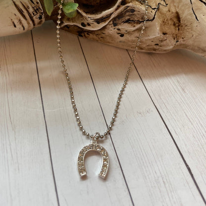 Necklace with a horseshoe pendant on a wooden surface