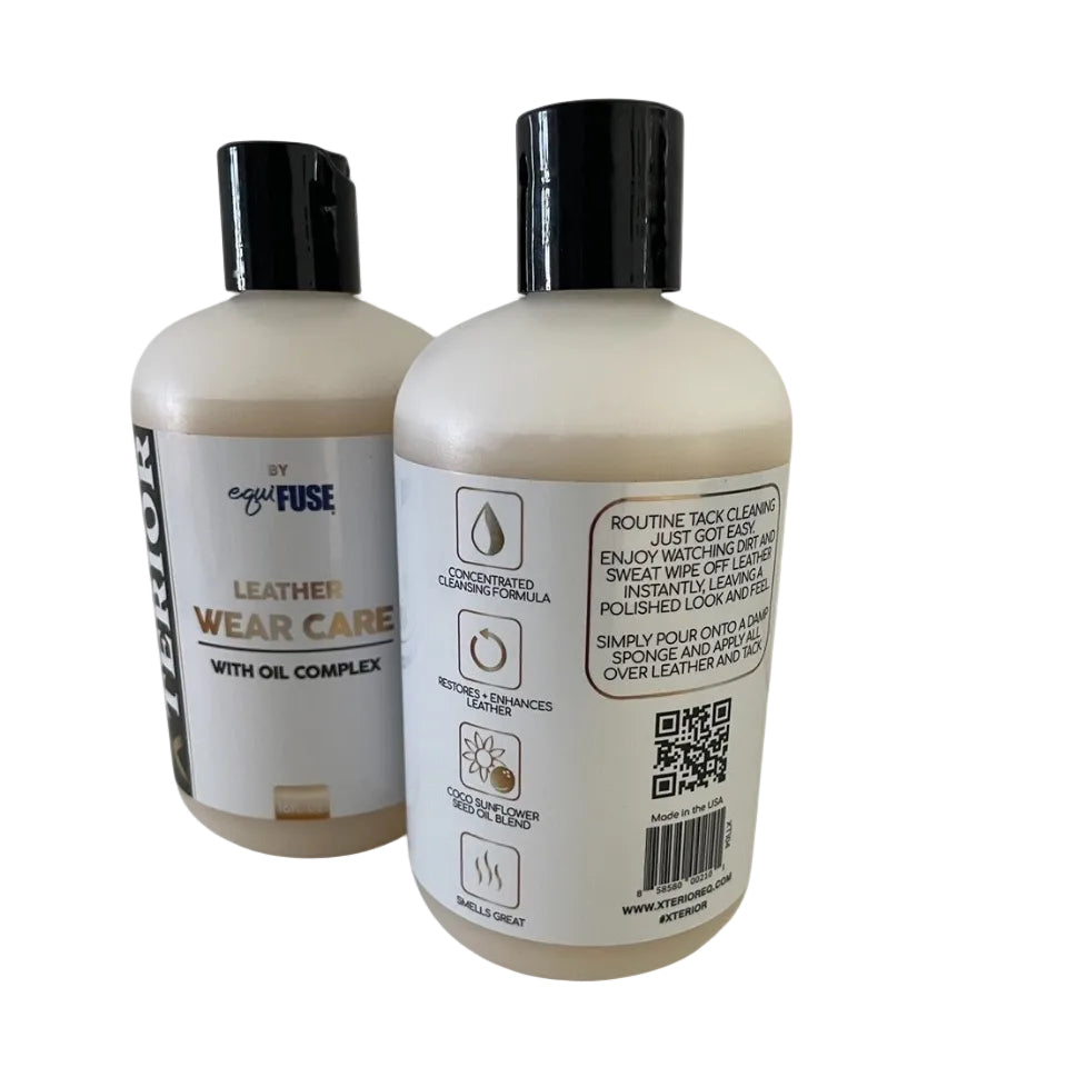Two bottles of leather care product with labels on a white background