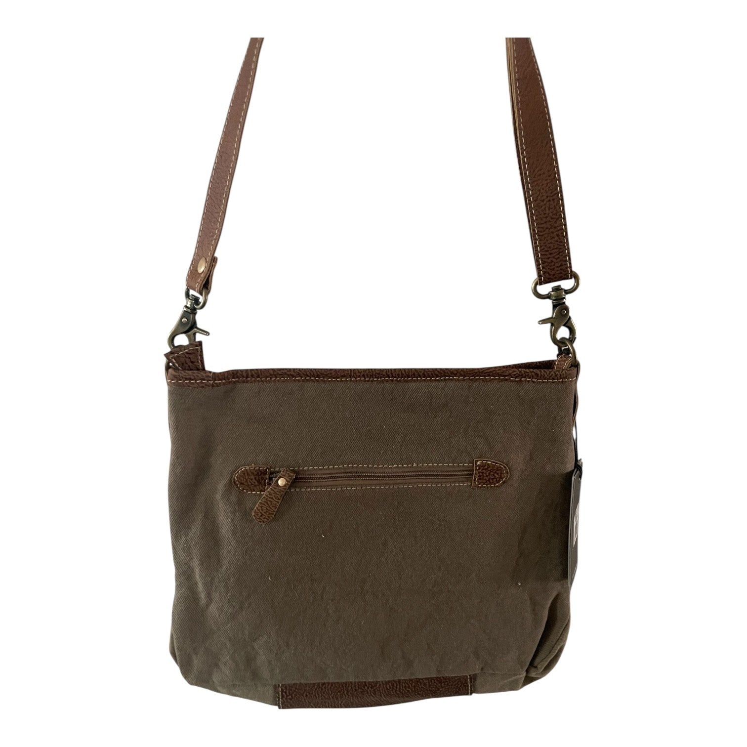 Brown canvas shoulder bag with leather accents on a white background