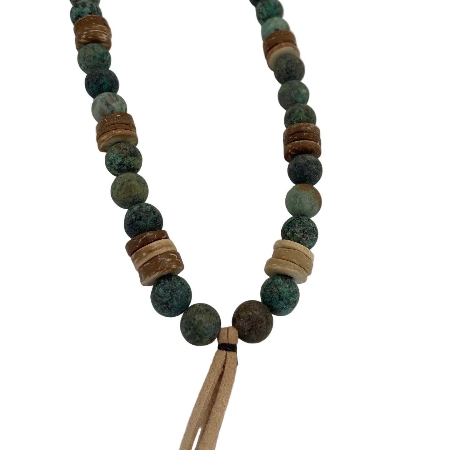 Necklace with multicolored beads on a white background