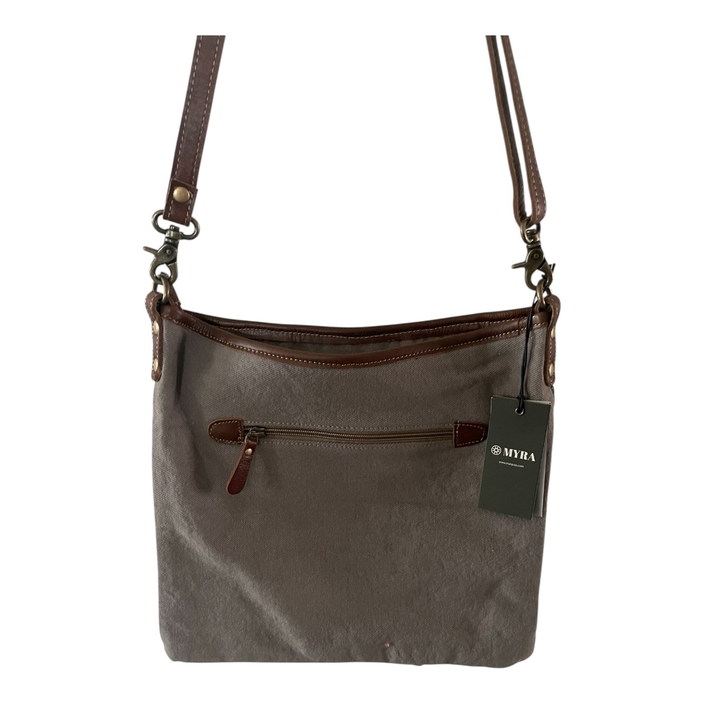 Gray shoulder bag with brown accents and a visible brand tag on a white background