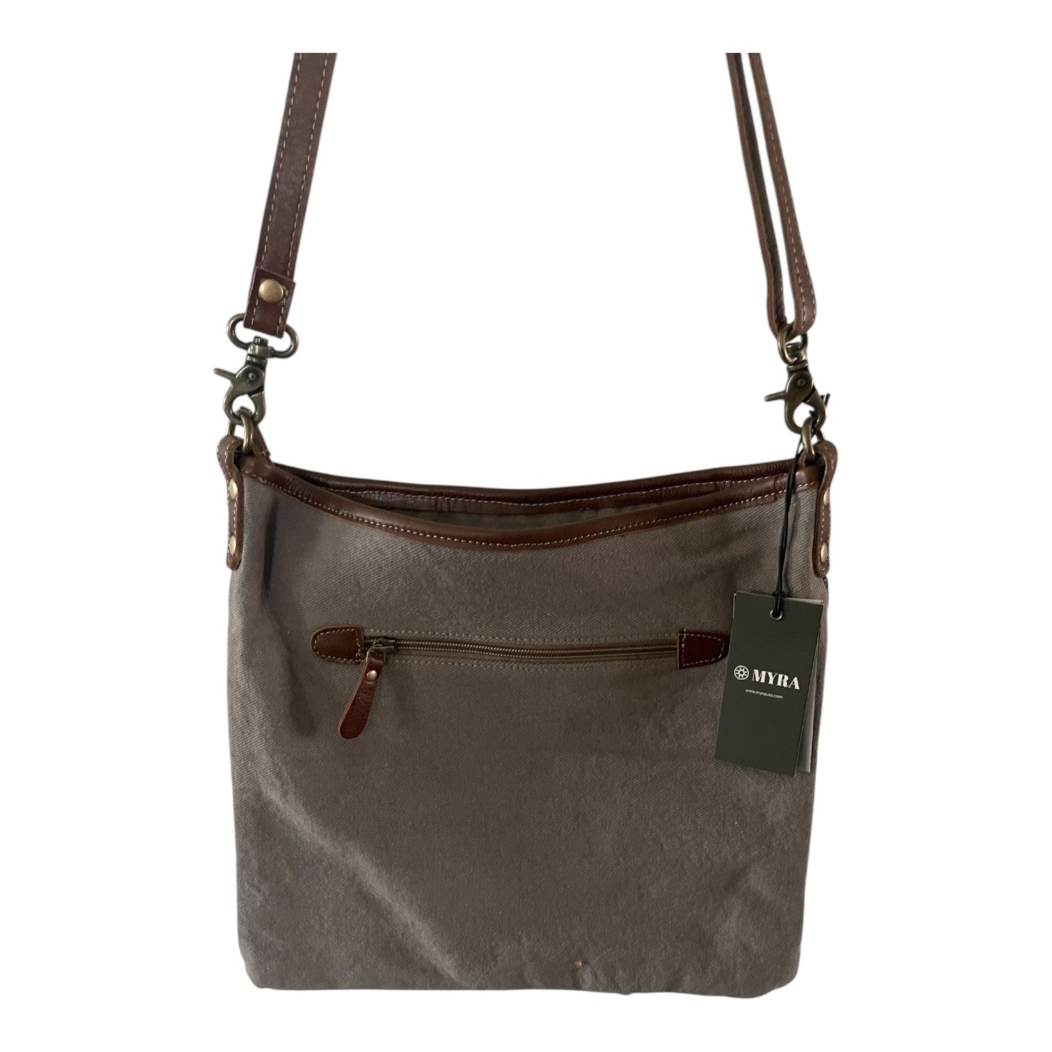 Gray shoulder bag with brown accents and a visible brand tag on a white background