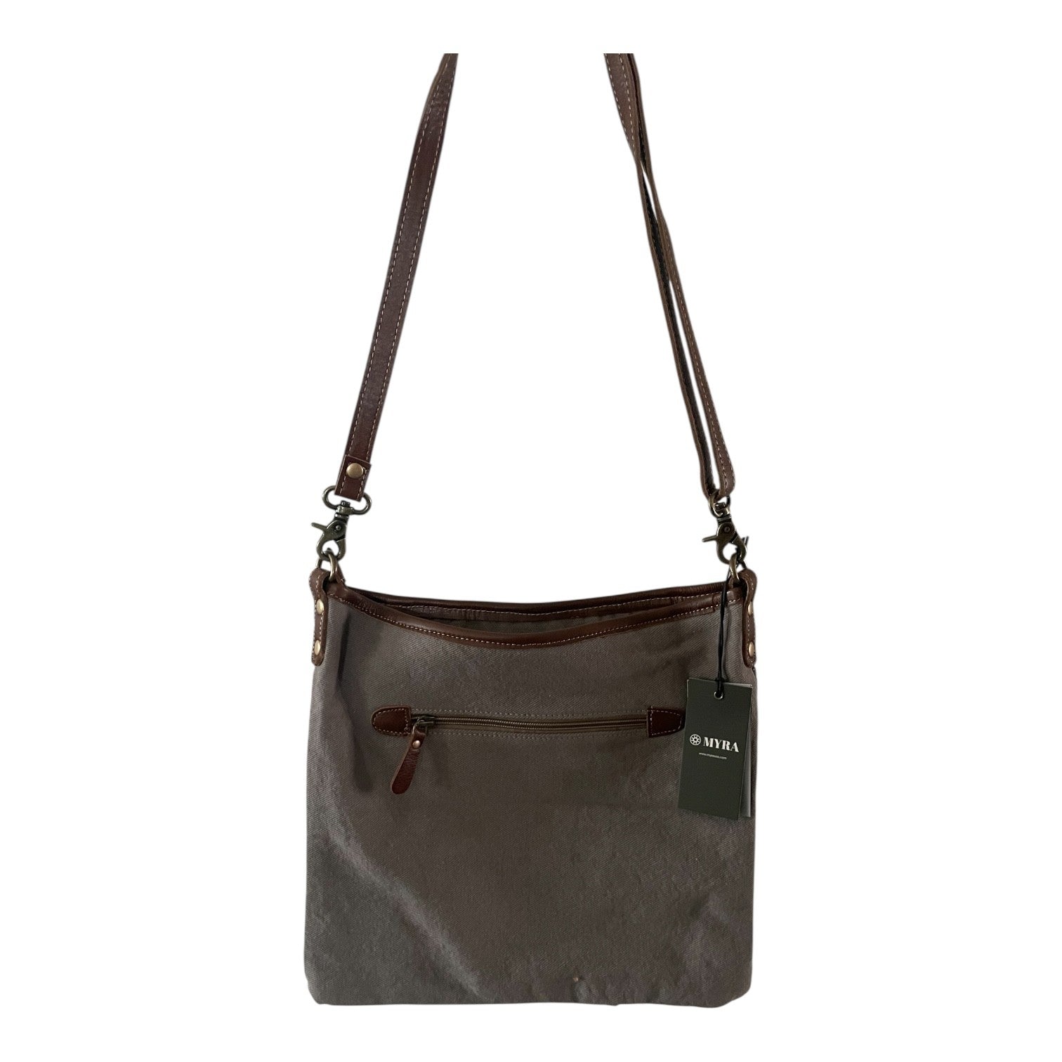 Brown shoulder bag with a visible brand tag on a white background