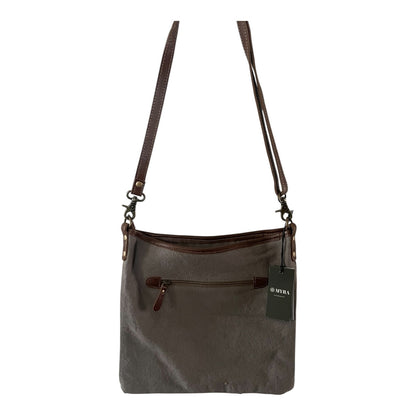 Brown shoulder bag with a visible brand tag on a white background