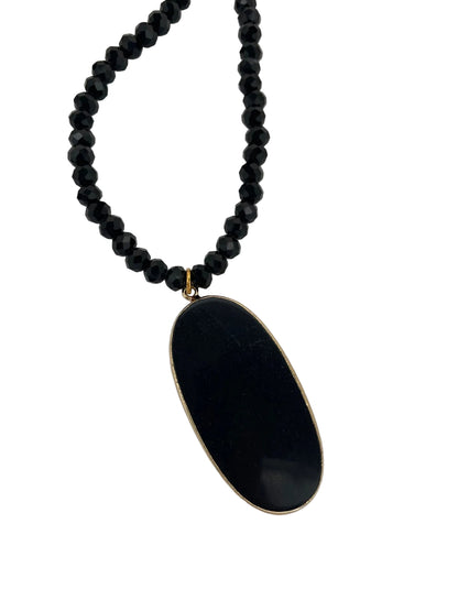 Black Beaded Long Necklace with Obsidian