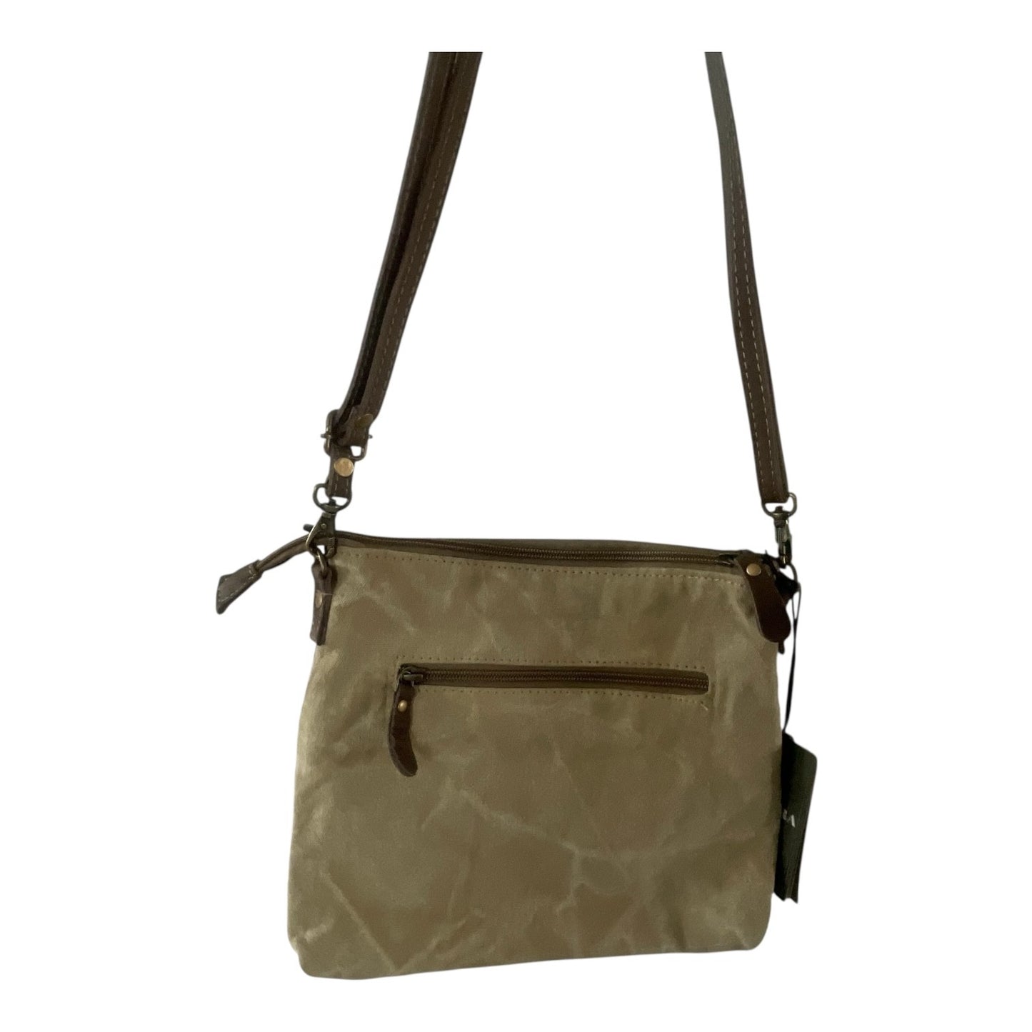A small crossbody handbag in a textured khaki canvas with dark brown leather trim and a matching shoulder strap, shown against a plain white background.