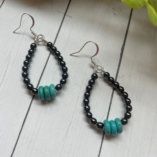 Gunmetal Colored Round and Turquoise Bead Teardrop Earrings