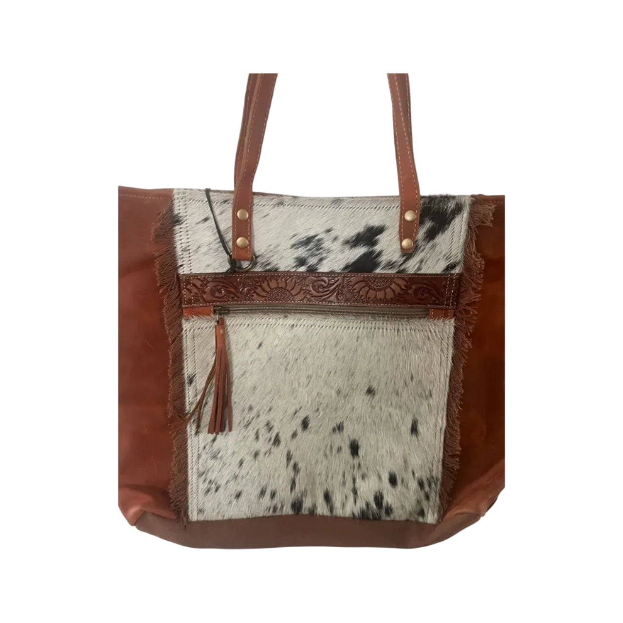 Brown leather tote bag with cowhide pattern on a white background