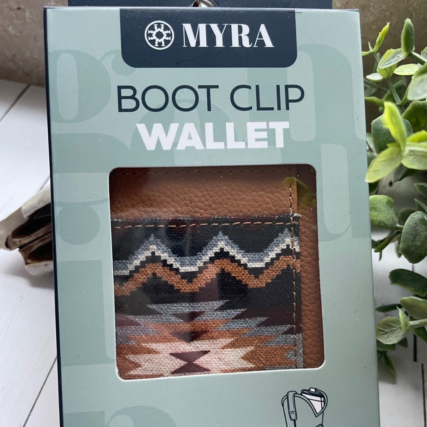 MYRA boot clip wallet packaging with product window showing wallet design.