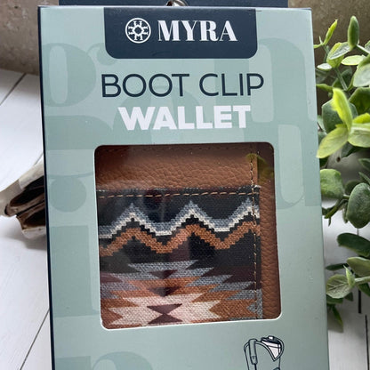 MYRA boot clip wallet packaging with product window showing wallet design.