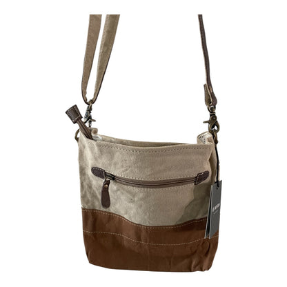 Brown and beige crossbody bag with a visible brand tag on a white background