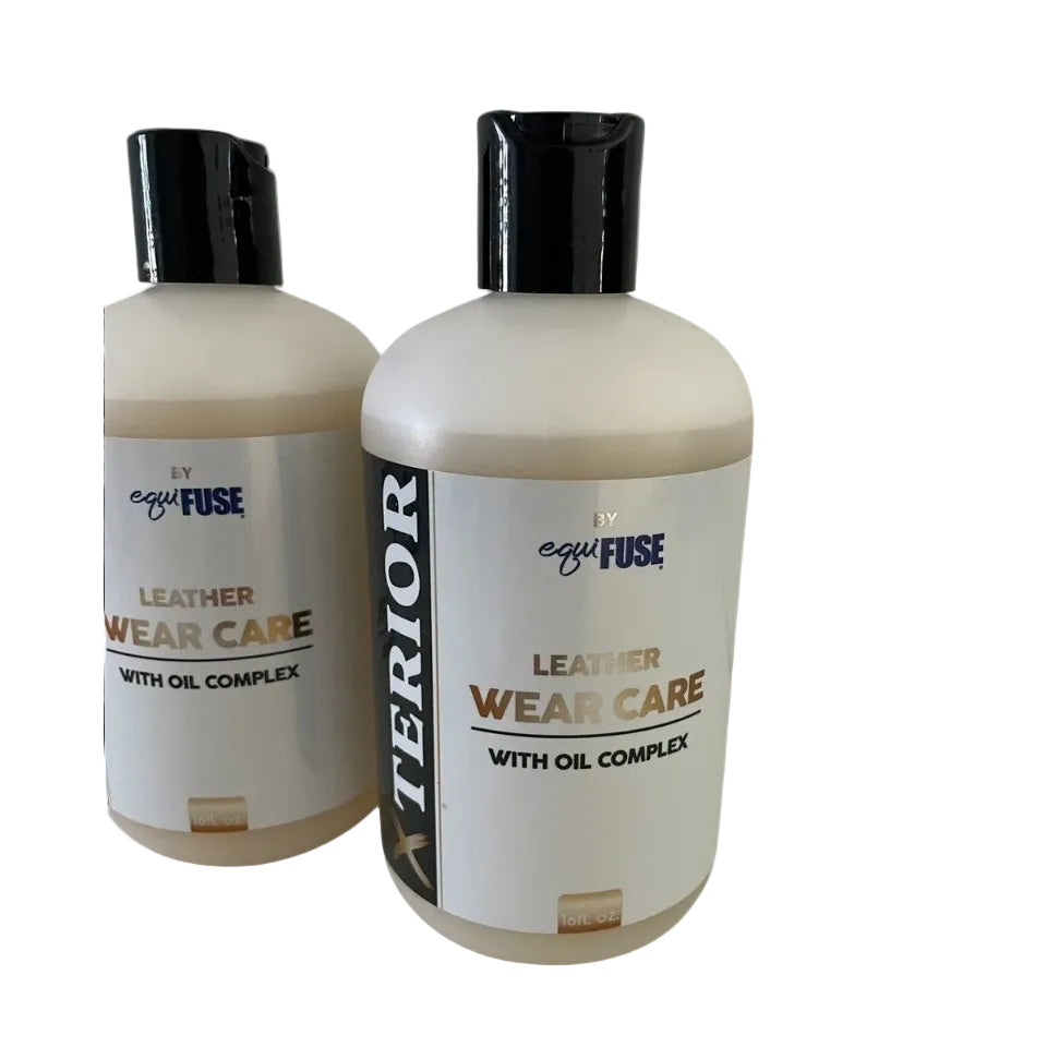 Two bottles of leather care product with visible branding on a white background