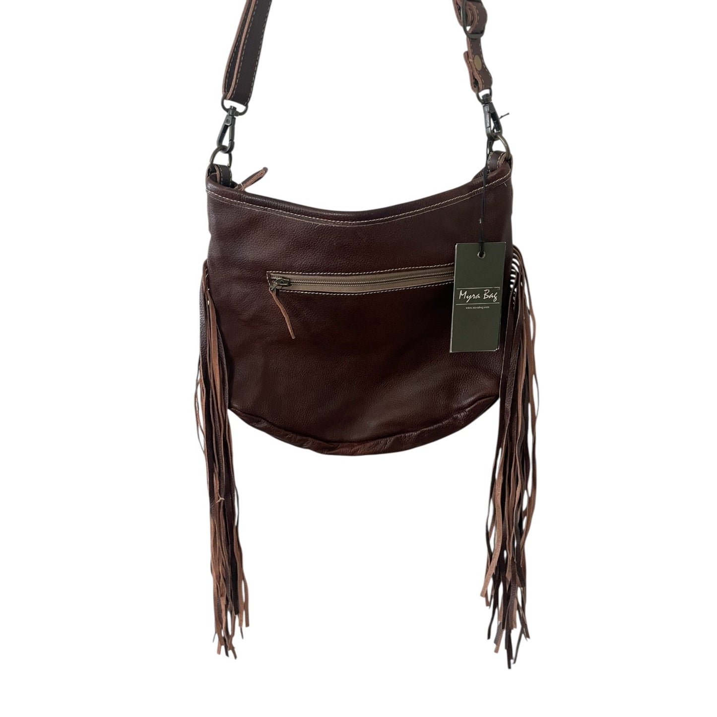 Brown leather handbag with fringe details and a tag on a white background