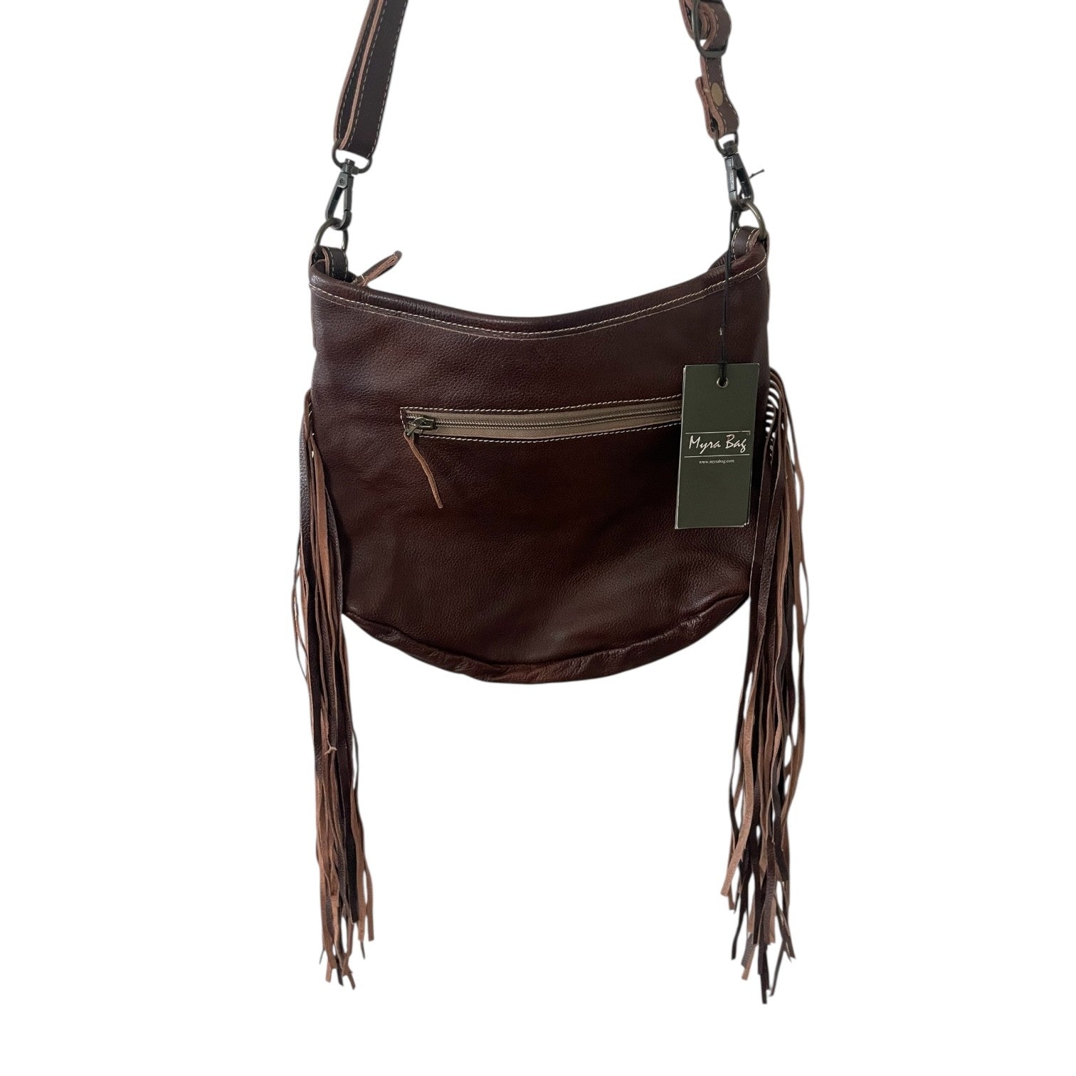 Brown leather handbag with fringe details and a tag on a white background