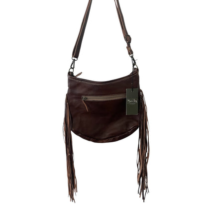 Brown leather handbag with fringe details on a white background