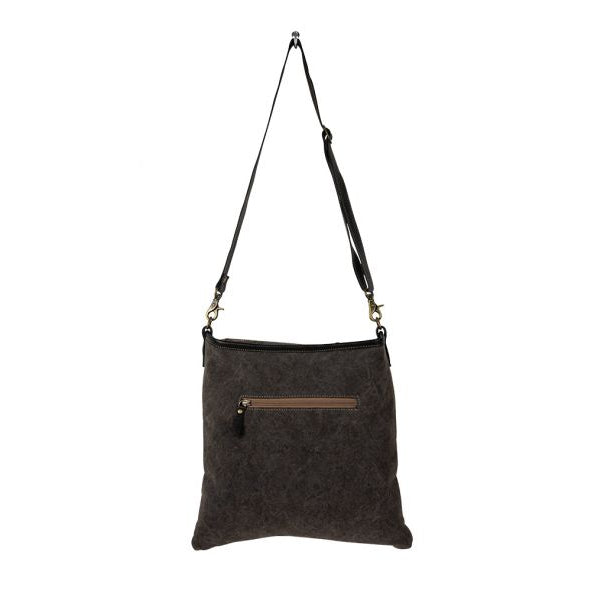 Dark gray shoulder bag with a brown zipper on a white background