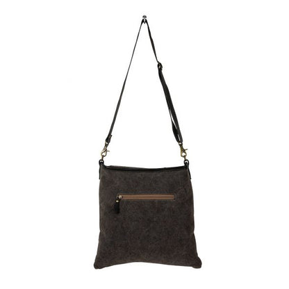 Dark gray shoulder bag with a brown zipper on a white background