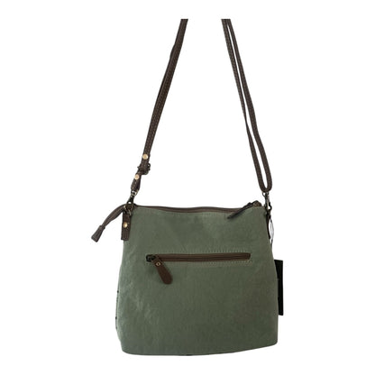 An olive green canvas crossbody bag with dark brown leather trim and a long adjustable shoulder strap, shown against a plain white background.