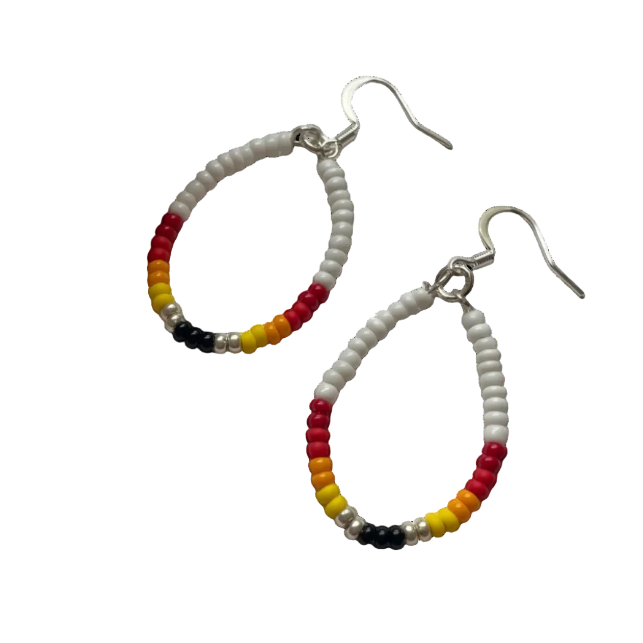 A pair of teardrop-shaped beaded hoop earrings with silver fishhook wires. The hoops are made of small white beads accented with segments of red, orange, yellow, and black beads at the bottom.
