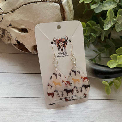 Earring card with earrings on a wooden surface with a plant in the background