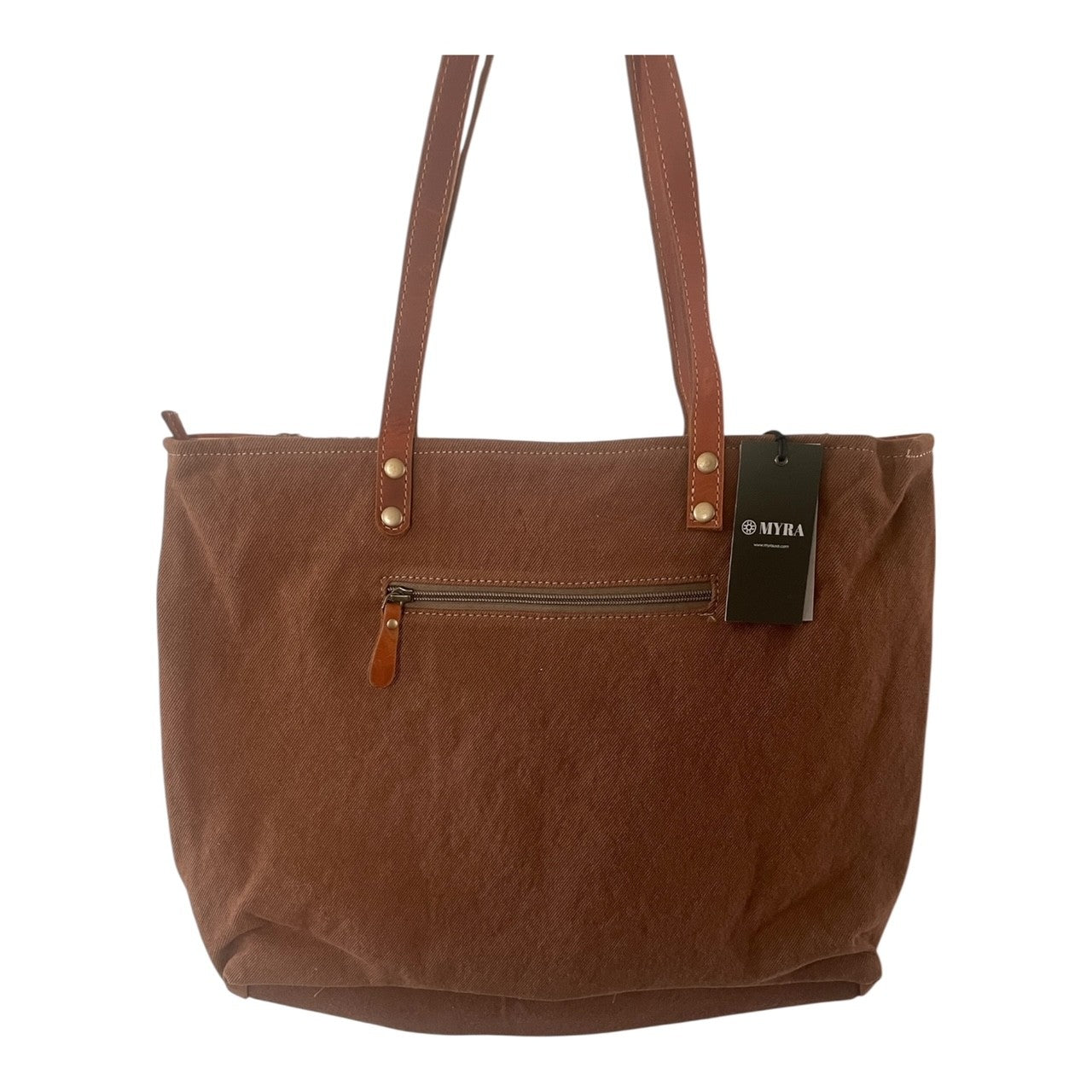 Brown tote bag with leather straps and a visible brand tag on a white background
