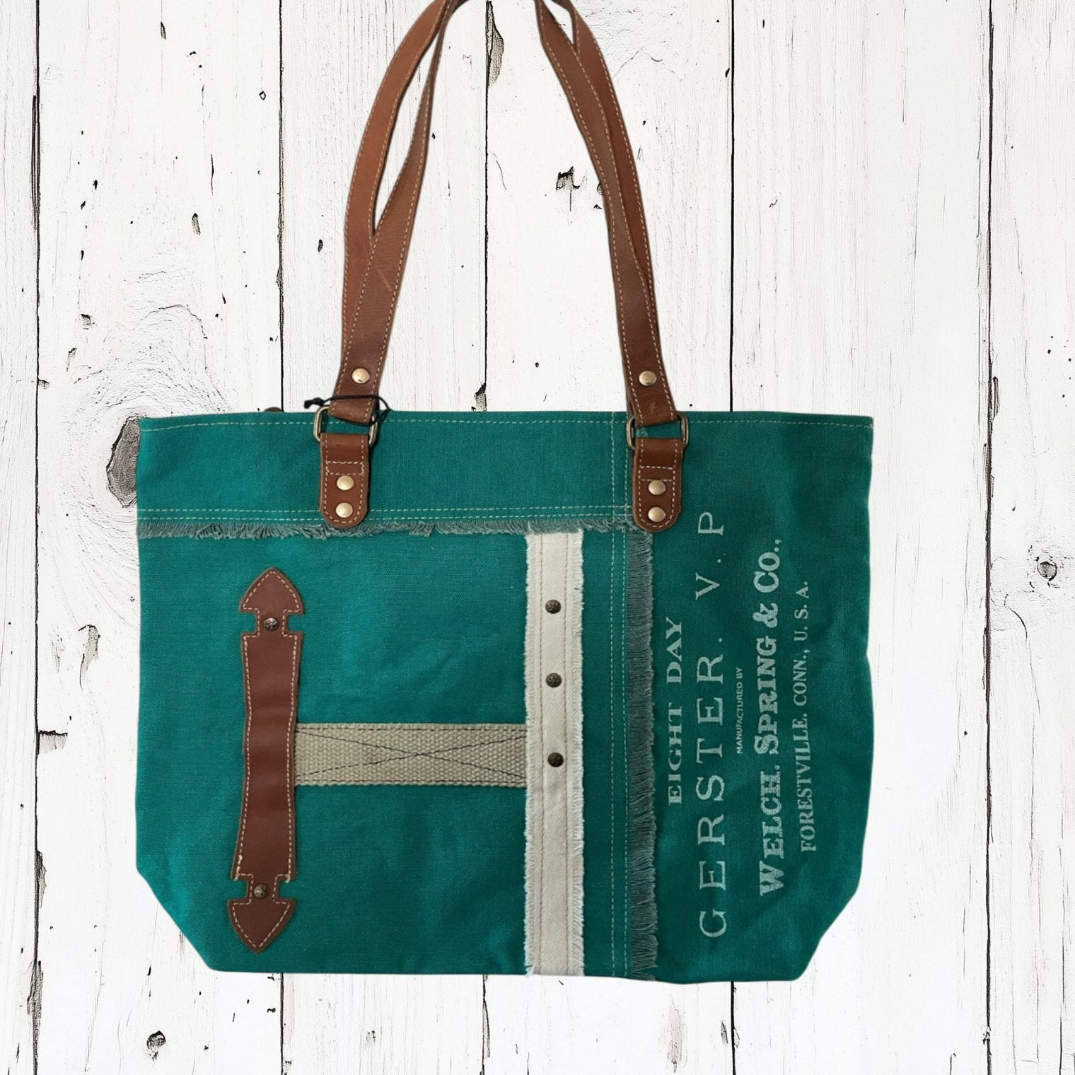 Teal tote bag with brown straps on a white wooden background