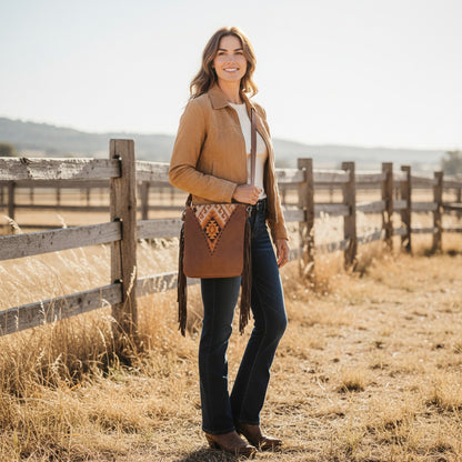 Woman in a brown jacket with fringe standing in a field with a wooden fence in the background.