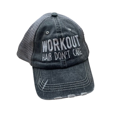 Black and gray cap with 'Workout Hair Don't Care' text on a white background