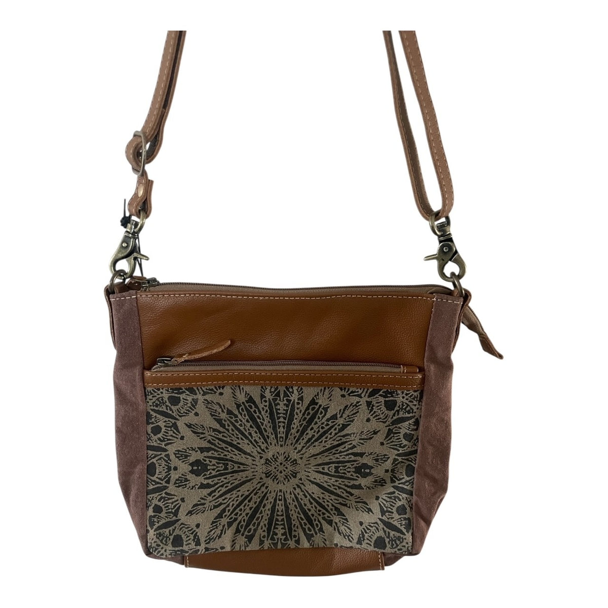 A brown leather and patterned fabric crossbody bag with a front zip pocket and a long shoulder strap, shown against a plain white background.