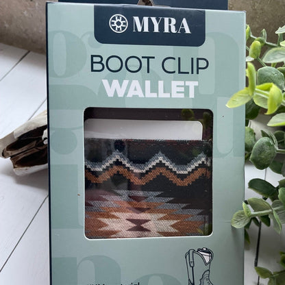 MYRA boot clip wallet packaging on a white surface with a plant in the background