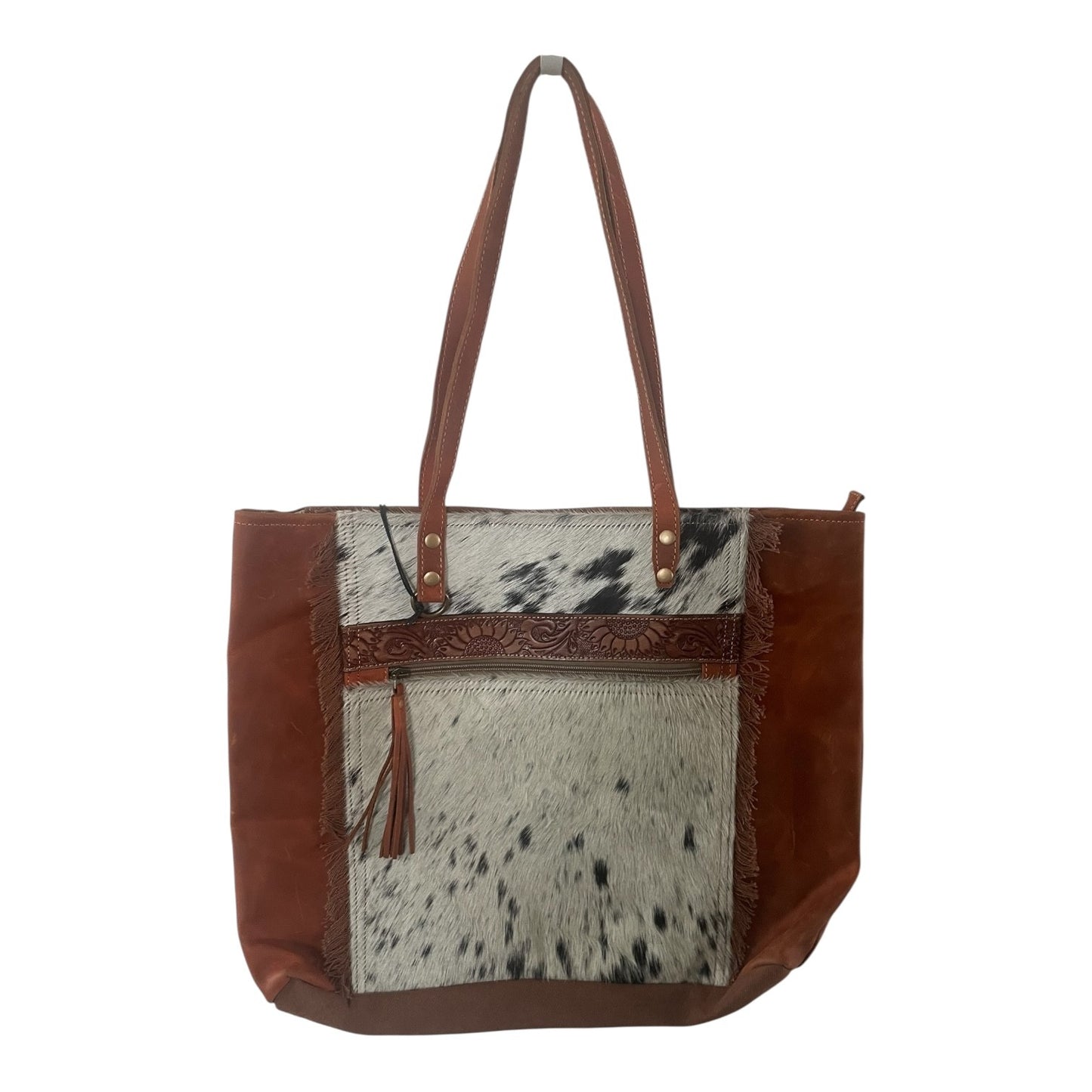 Tote bag with brown leather and cowhide pattern on a white background