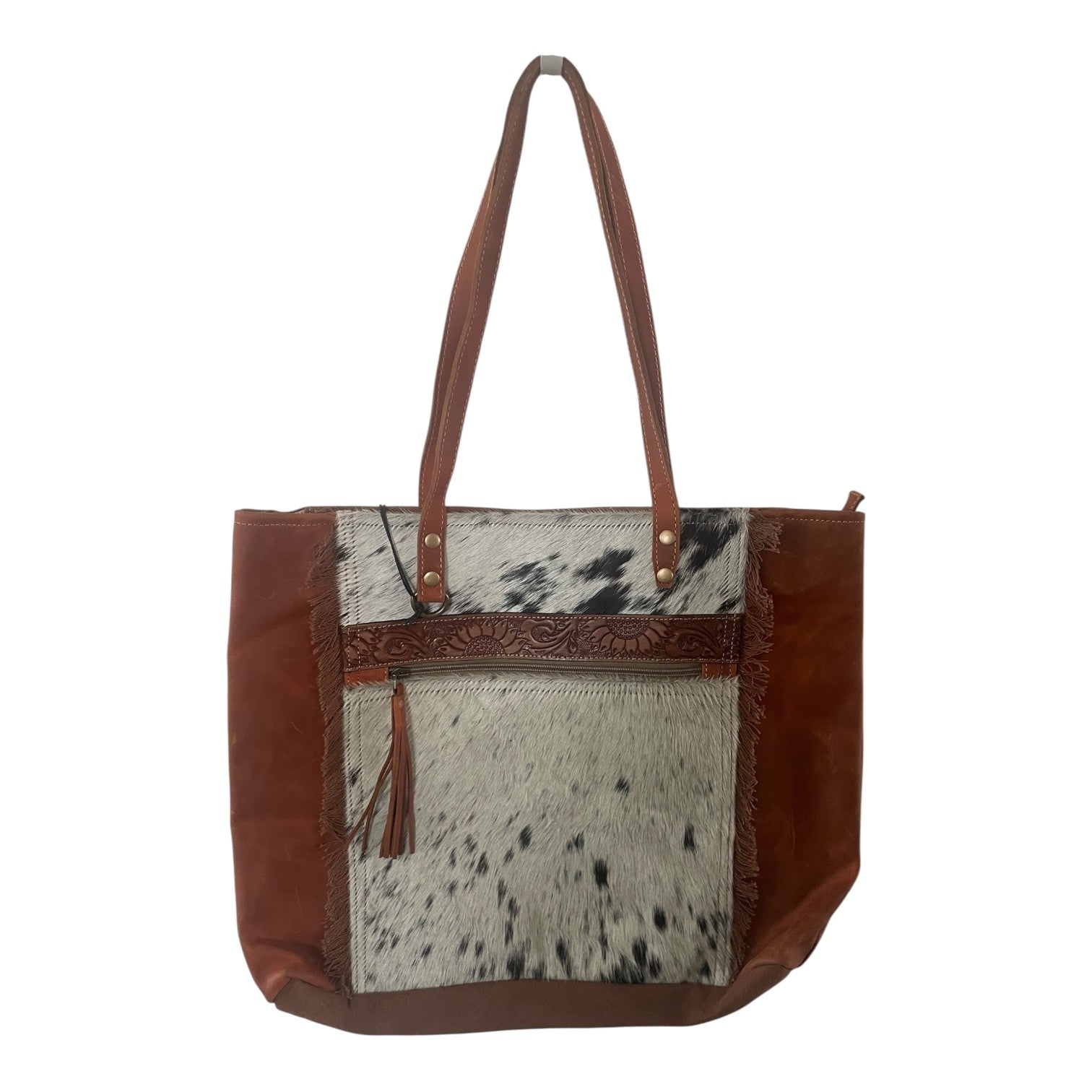 Tote bag with brown leather and cowhide pattern on a white background