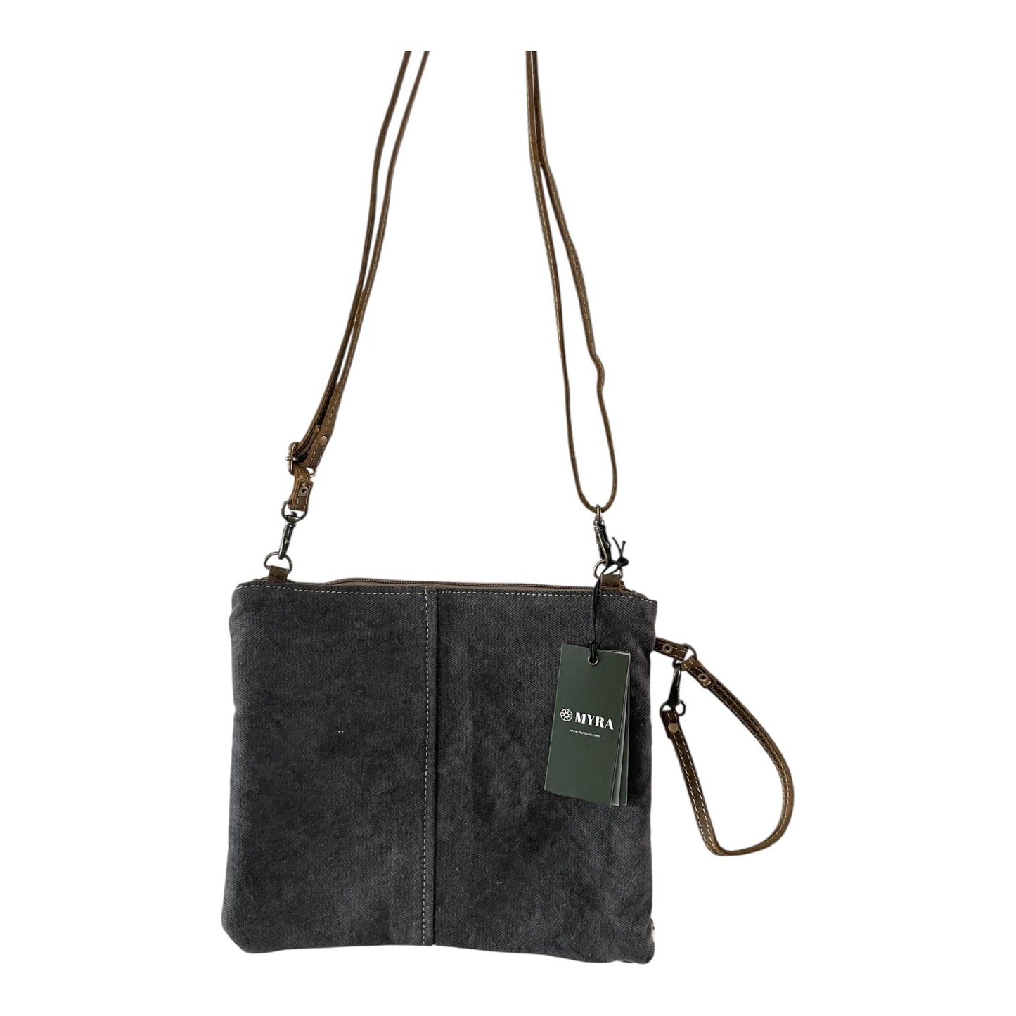 Gray suede handbag with a visible brand tag on a white background