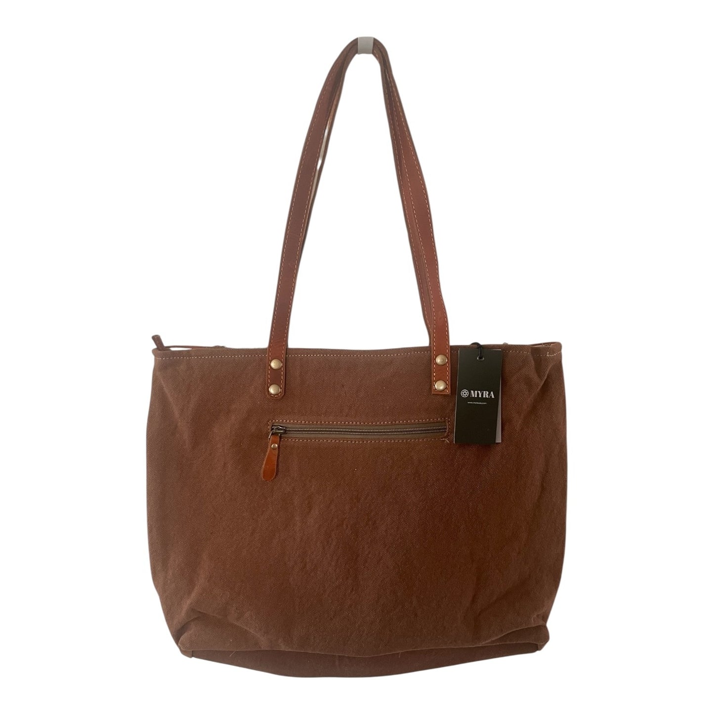 Brown tote bag with a visible brand tag on a white background