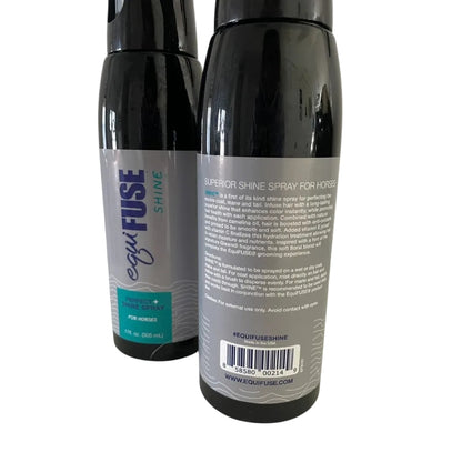 Two bottles of EquiFuse Shine spray for horses on a white background