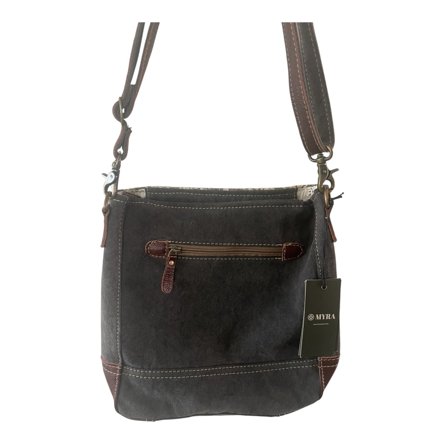 Dark gray shoulder bag with brown accents on a white background