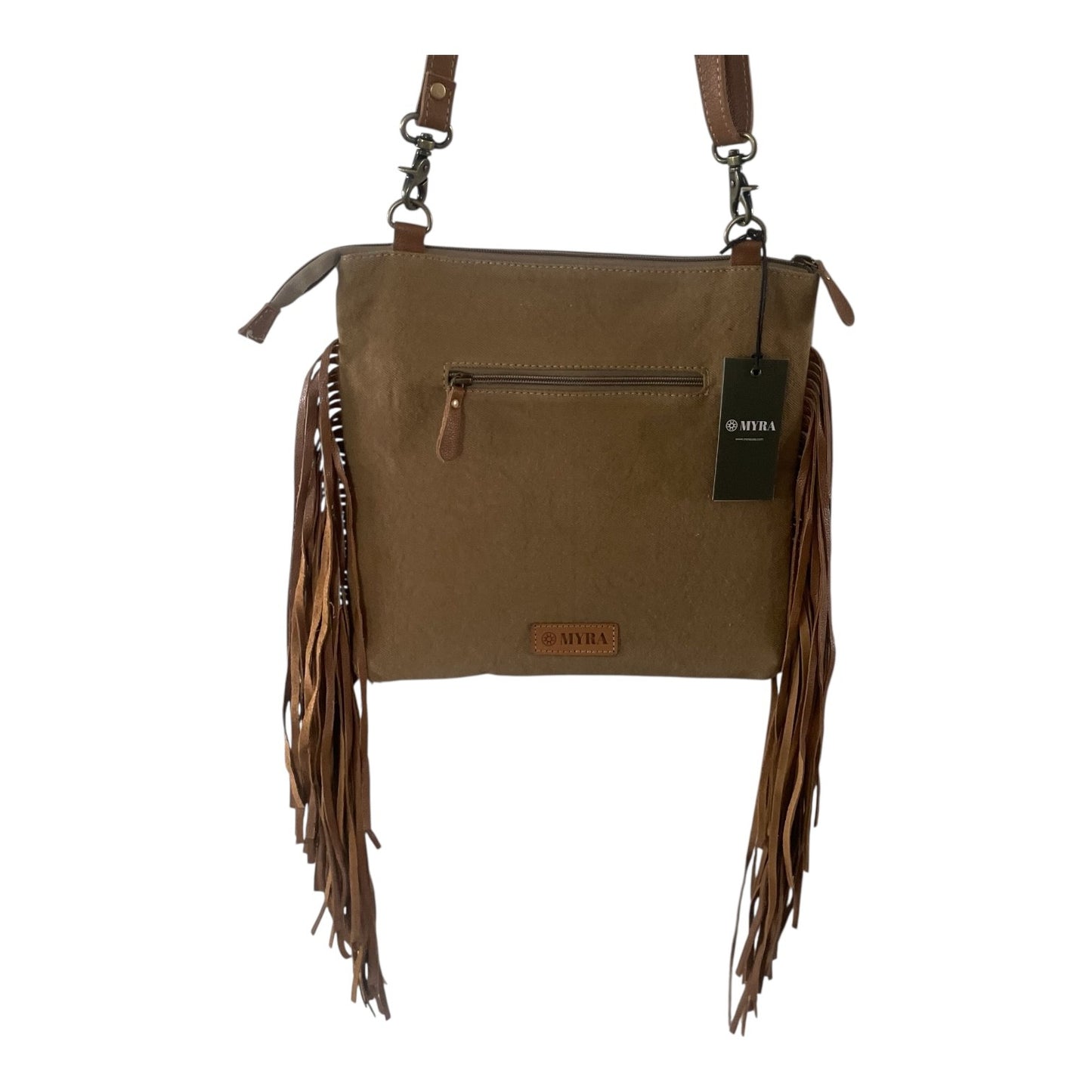 A brown crossbody bag with long fringe details, a front zip pocket, and a hanging tag, shown against a plain white background.