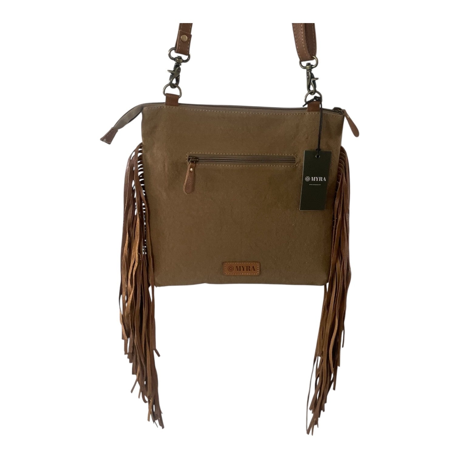 A brown crossbody bag with long fringe details, a front zip pocket, and a hanging tag, shown against a plain white background.