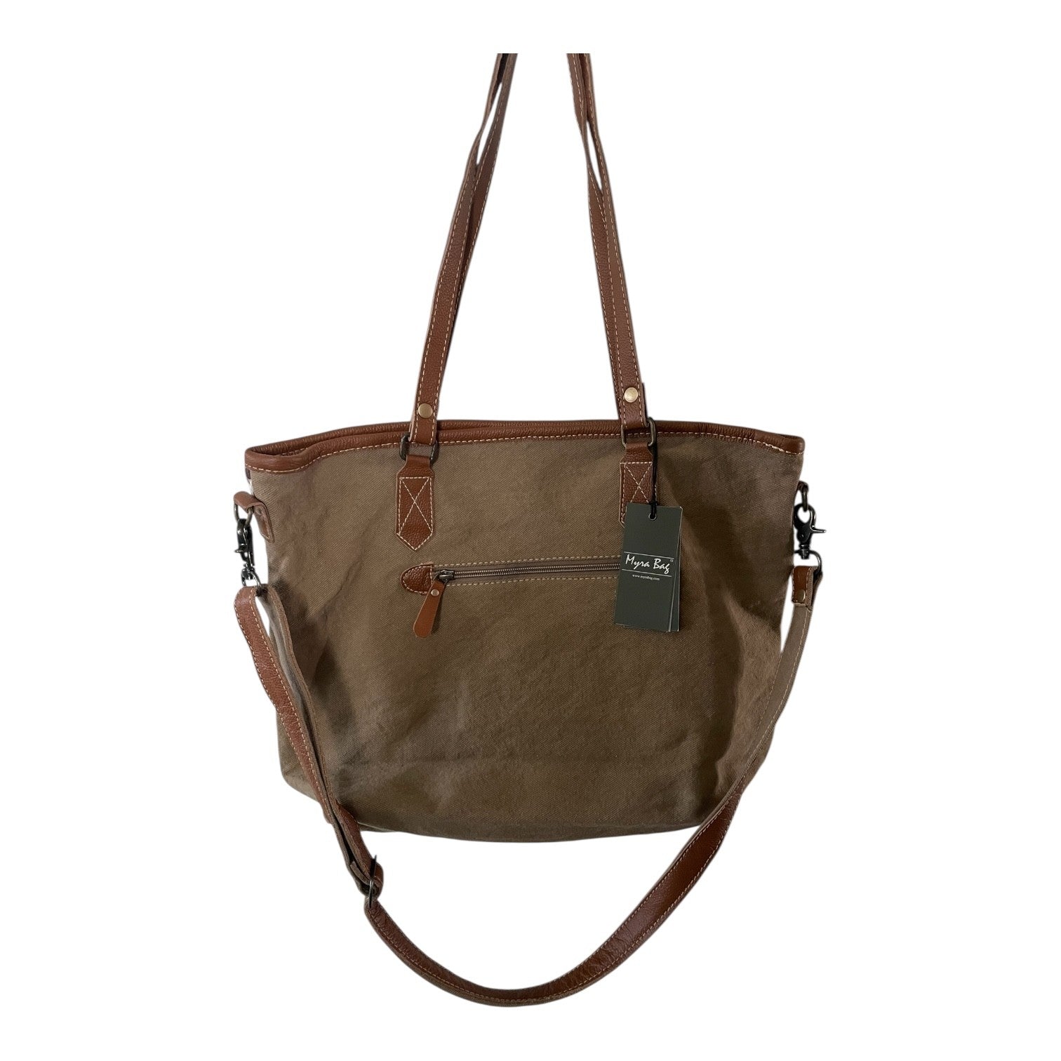 Brown handbag with leather straps on a white background