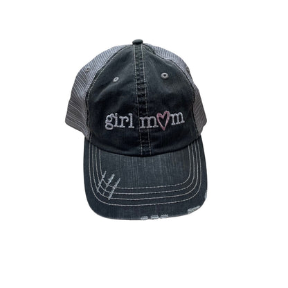 Black cap with 'girl mom' text and heart symbol on a white background
