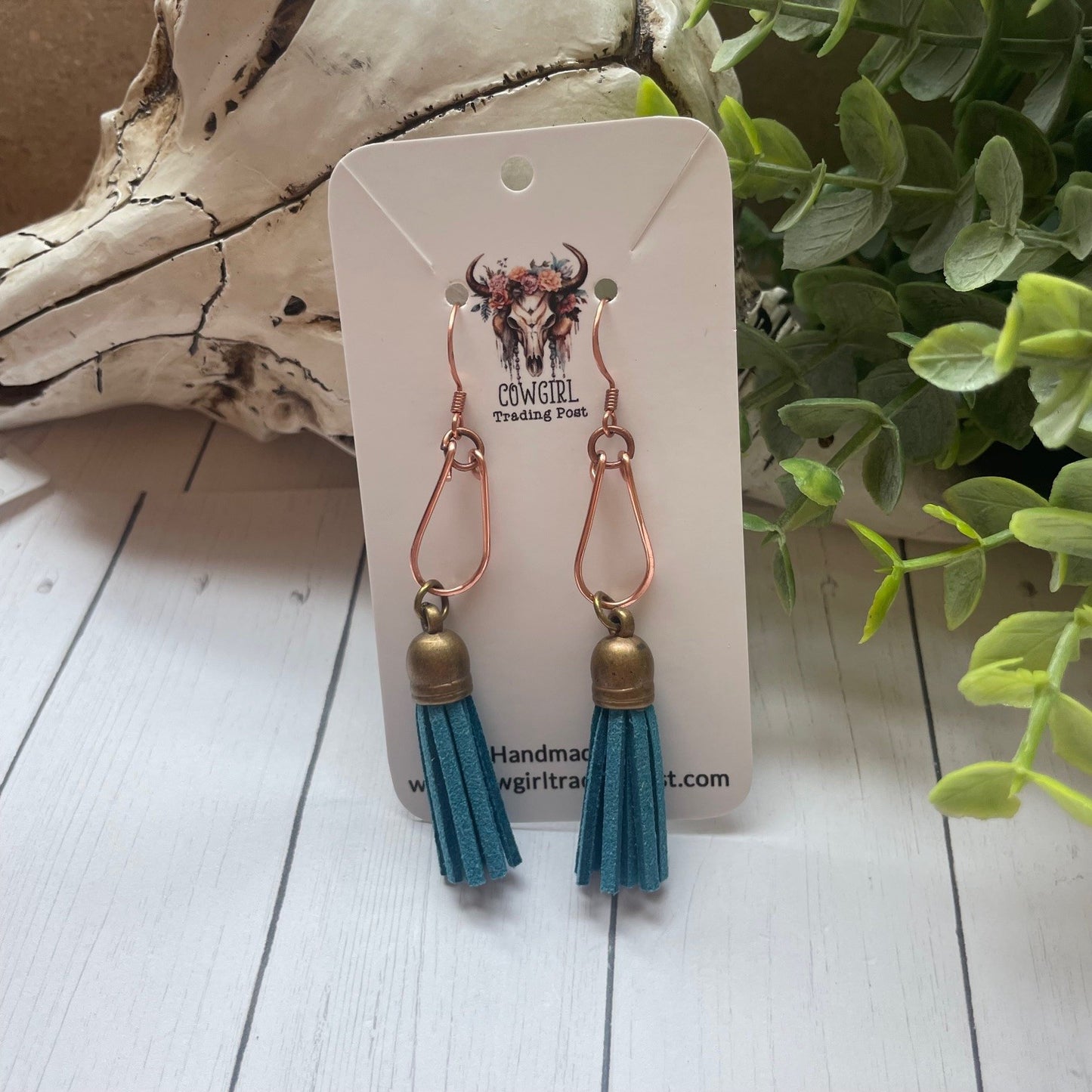 Copper Wire and Turquoise Tassel Earrings