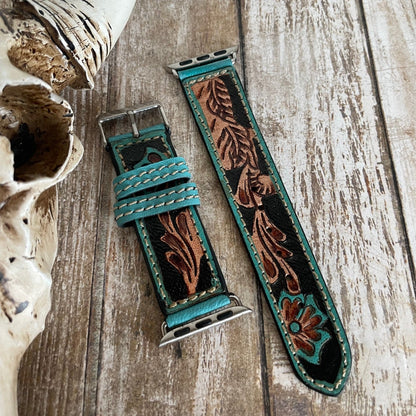 Apple Turquoise Tooled Leather Watchband Flora Falls